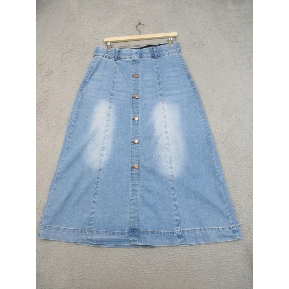 Indigo Poppy Skirt Womens 12 Blue Denim A Line Button Front Maxi Stretch Beachy